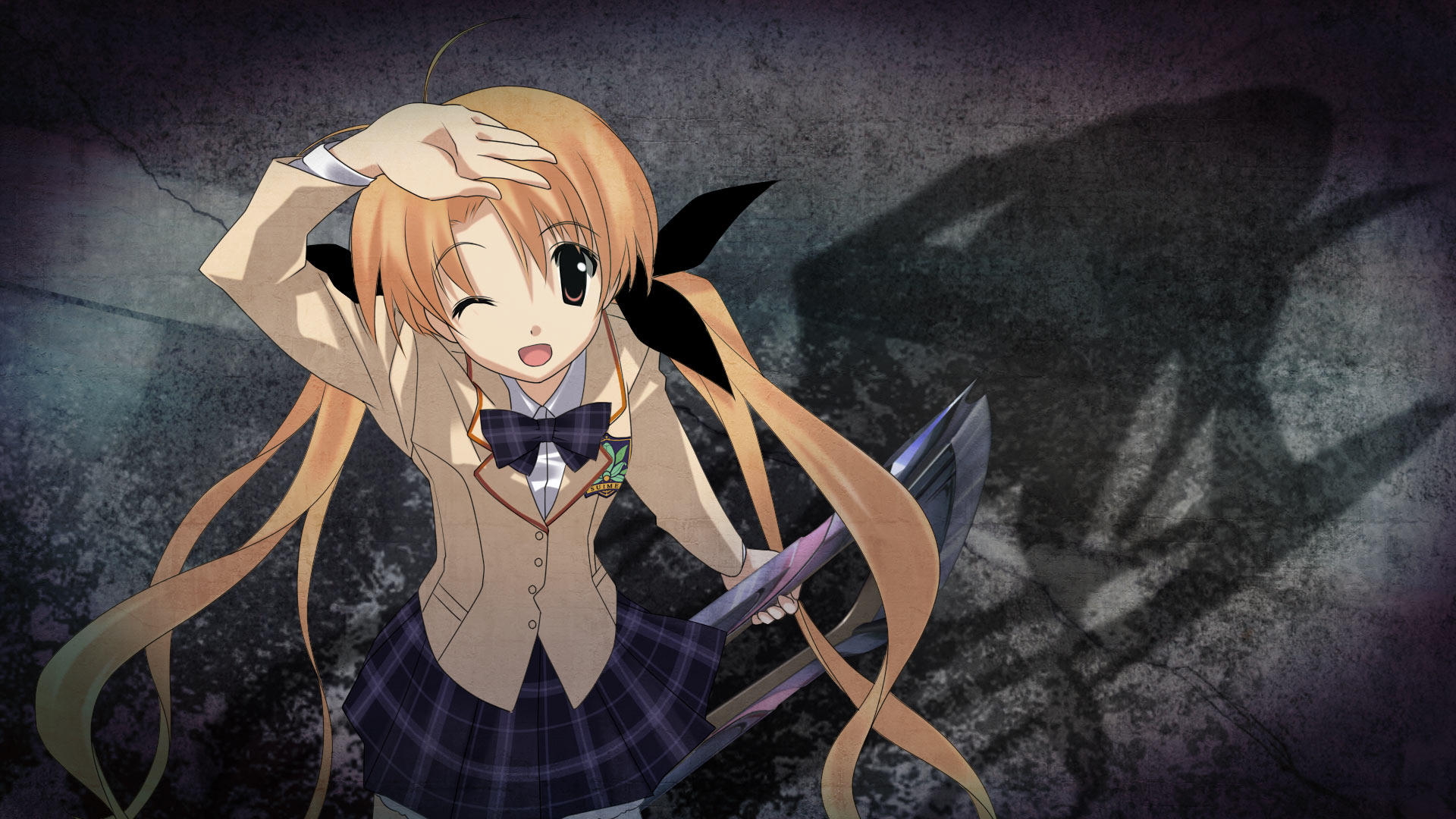 sasaki mutsumi, orihara kozue, chaos;head, science adventure, artist request, check artist, game cg, highres, official art, official wallpaper, antenna hair, blazer, blonde hair, bow, bowtie, brown jacket, collared shirt, d-sword, dress shirt, from above, hand on own head, holding, holding sword, holding weapon, jacket, lapels, miniskirt, notched lapels, one eye closed, open mouth, orange eyes, plaid bow, plaid bowtie, plaid clothes, plaid skirt, pleated skirt, purple bow, purple bowtie, purple skirt, red trim, school emblem, school uniform, shadow, shirt, skirt, smile, suimei academy school uniform, sword, thighhighs, tongue, weapon, white shirt, white thighhighs