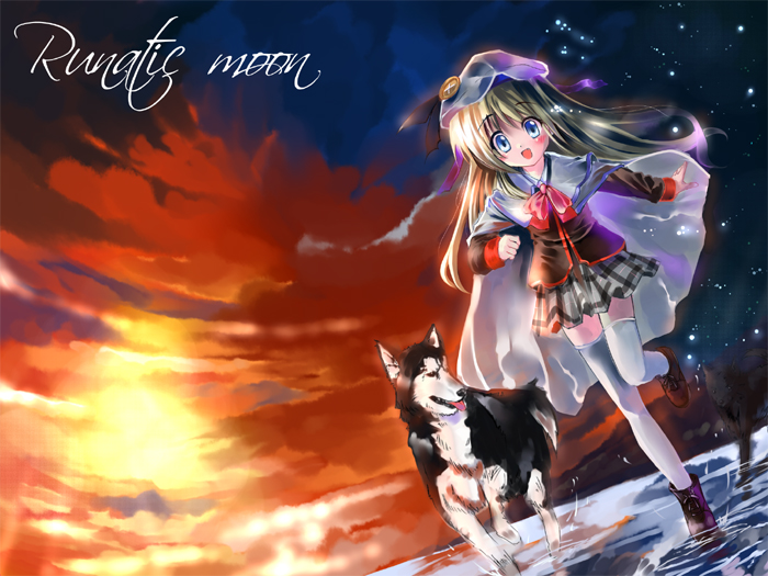 sho (runatic moon), noumi kudryavka, strelka, little busters!, 1girl, blue eyes, bow, cape, dog, female focus, long hair, pink bow, plaid clothes, plaid skirt, school uniform, serafuku, skirt, sky, solo, sunset, thighhighs