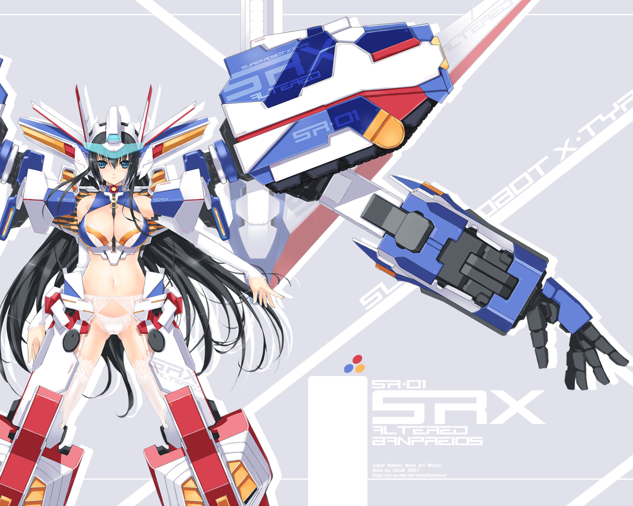 achunchun, chun (friendly sky), banpreios, srx, banpresto, super robot wars, bad id, bad pixiv id, 1girl, breasts, female focus, garter belt, large breasts, lingerie, mecha, mecha musume, robot, solo, thighhighs, underwear