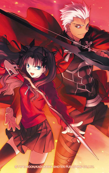 takeuchi takashi, archer (fate), tohsaka rin, fate/stay night, fate (series), type-moon, tall, 00s, 1boy, 1girl, black hair, black thighhighs, bow (weapon), dark-skinned male, dark skin, height difference, sword, thighhighs, turtleneck, twintails, two side up, weapon, white hair, zettai ryouiki