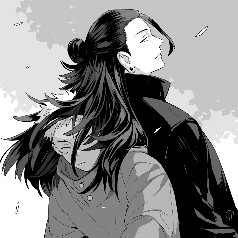 11mtri, getou suguru, itadori yuuji, jujutsu kaisen, commentary request, 2boys, back-to-back, buttons, closed eyes, collared jacket, earrings, facial mark, falling leaves, greyscale, jacket, jewelry, leaf, long hair, looking back, male focus, monochrome, multiple boys, piercing, popped collar, short hair, single bang, upper body