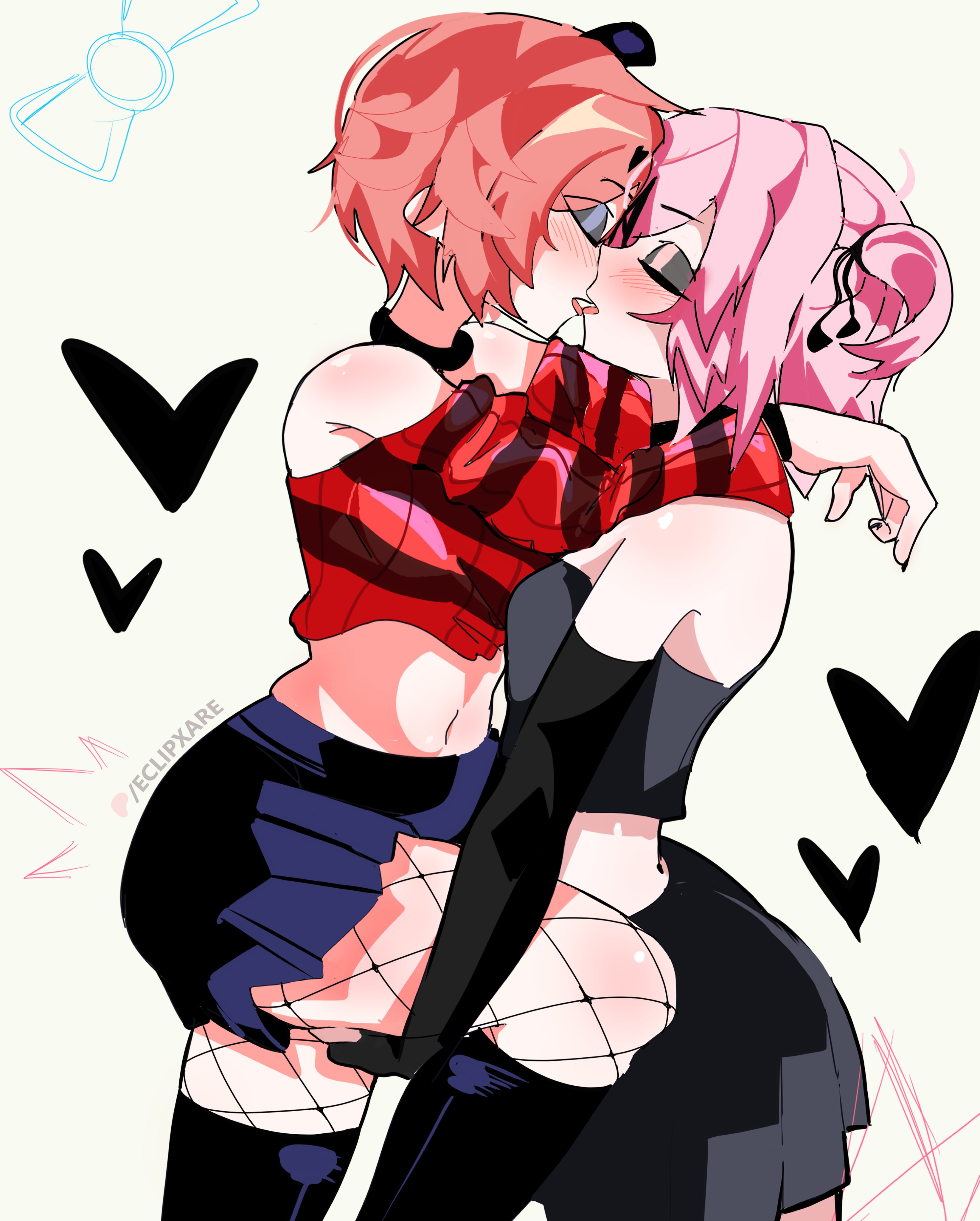 eclipxare, natsuki (doki doki literature club), sayori (doki doki literature club), doki doki literature club, absurdres, commentary, english commentary, highres, 2girls, alternate costume, arms on another's shoulder, bare shoulders, black bow, black choker, black eyeshadow, black gloves, black nails, black skirt, black thighhighs, black tube top, blush, bow, breasts, choker, closed eyes, cowboy shot, elbow gloves, eyeshadow, facing another, fishnet pantyhose, fishnets, french kiss, from side, gloves, goth fashion, hair bow, hair ornament, hands on another's leg, heart, holding another's leg, kiss, makeup, medium breasts, multiple girls, navel, off-shoulder sweater, off shoulder, open mouth, pantyhose, parted bangs, patreon username, pink hair, pink sweater, pleated skirt, short hair, simple background, skirt, small breasts, stomach, strapless, striped clothes, sweater, thighhighs, tube top, two side up, white background, yuri