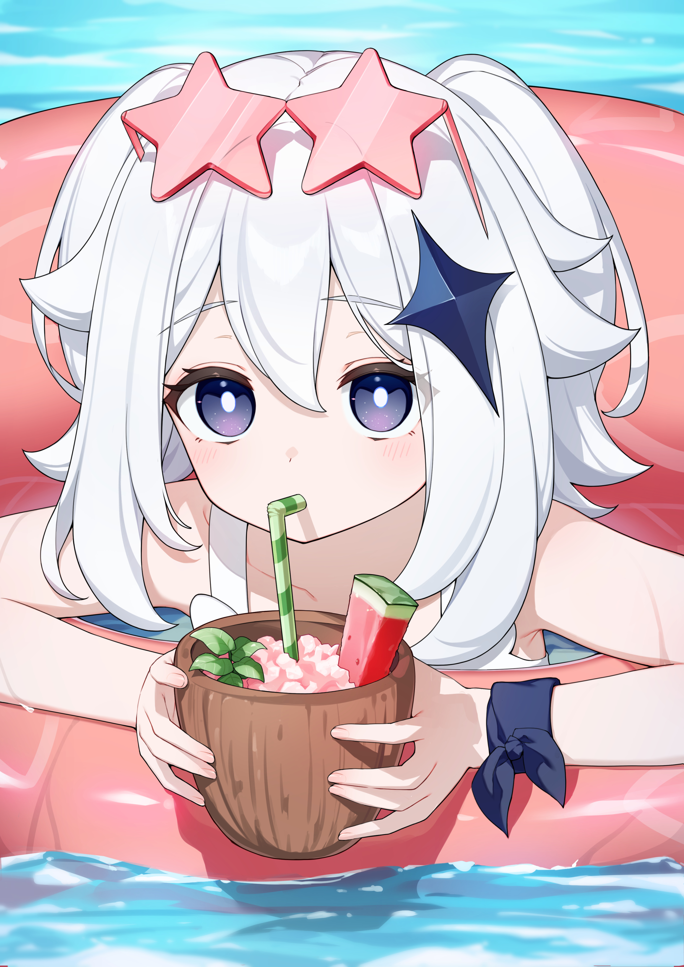 yuu maraa, paimon (genshin impact), genshin impact, absurdres, highres, 1girl, blush, coconut cup, cup, dress, eyewear on head, food, fruit, hair between eyes, hair ornament, innertube, long hair, looking at viewer, short hair, star-shaped eyewear, star (symbol), swim ring, water, watermelon, watermelon slice, white hair