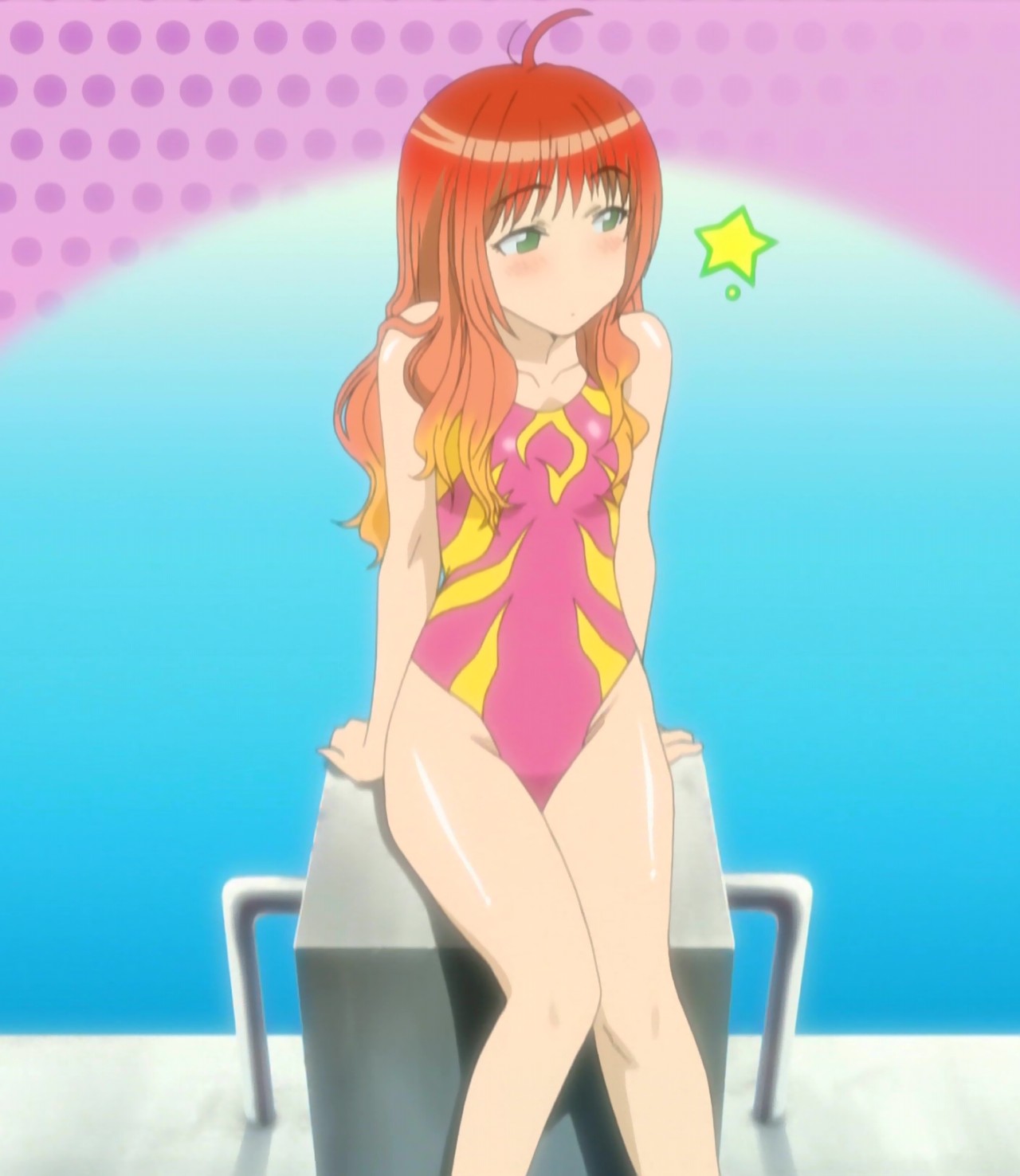nanako maaya, kenkou zenrakei suieibu umishou, anime screenshot, highres, stitched, third-party edit, 1girl, ahoge, blush, casual one-piece swimsuit, collarbone, diving block, female focus, gradient hair, green eyes, multicolored hair, one-piece swimsuit, reclining, red hair, shiny skin, sitting, solo, star (symbol), swimsuit, thighs