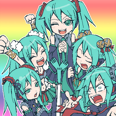 hatsune miku, vocaloid, lowres, 5girls, aqua hair, clone, fingernails, gothic lolita, half-closed eyes, interlocked fingers, lolita fashion, long fingernails, multiple girls, oekaki, popped collar, spring onion, thighhighs
