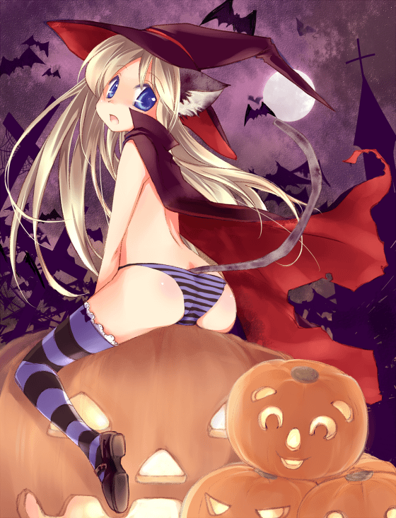 mofmof (sousa), doala, original, 1girl, animal ears, bat (animal), blonde hair, blue eyes, cape, cat ears, cat tail, church, female focus, full moon, halloween, hat, jack-o'-lantern, loli, long hair, moon, panties, pumpkin, solo, striped clothes, striped panties, striped thighhighs, tail, thighhighs, topless female, underwear, witch, witch hat