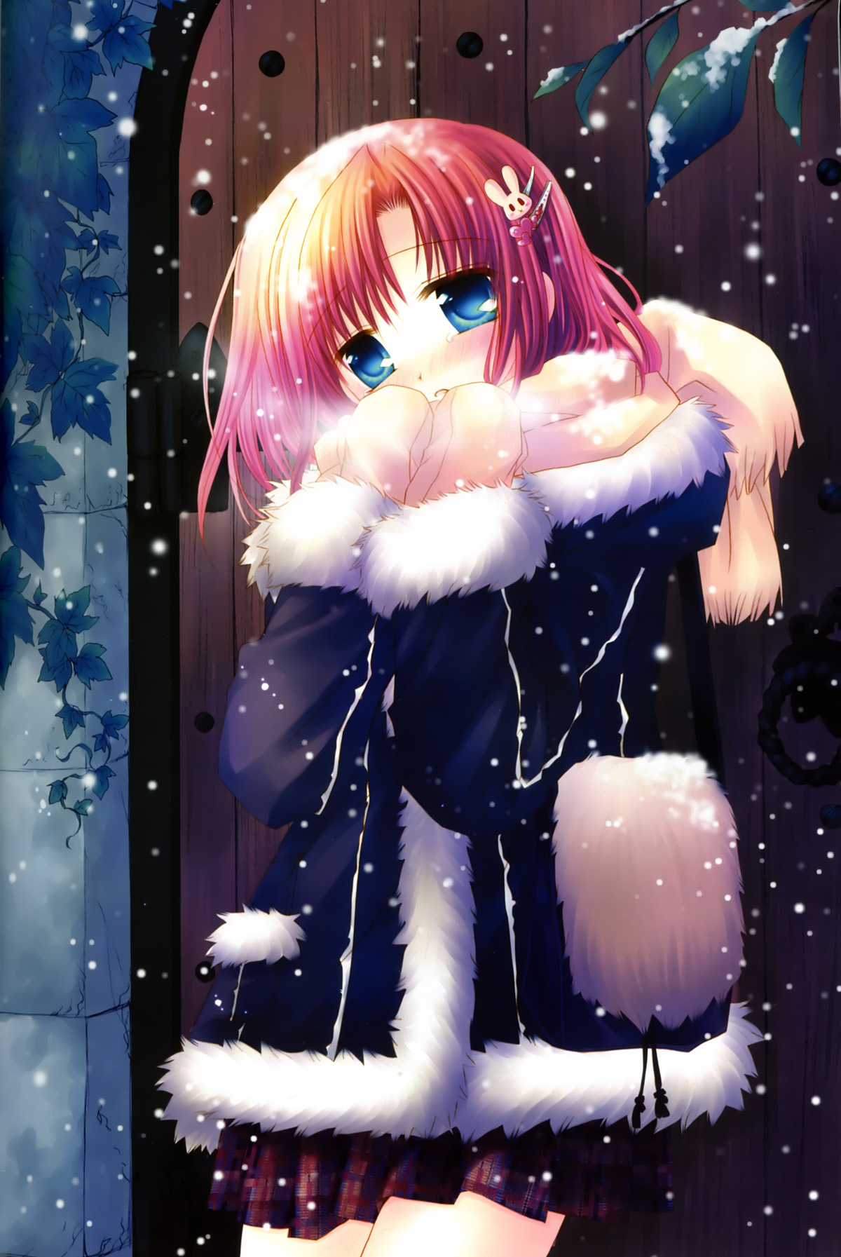 sakurazawa izumi, highres, blue eyes, coat, door, mittens, red hair, scarf, skirt, snow