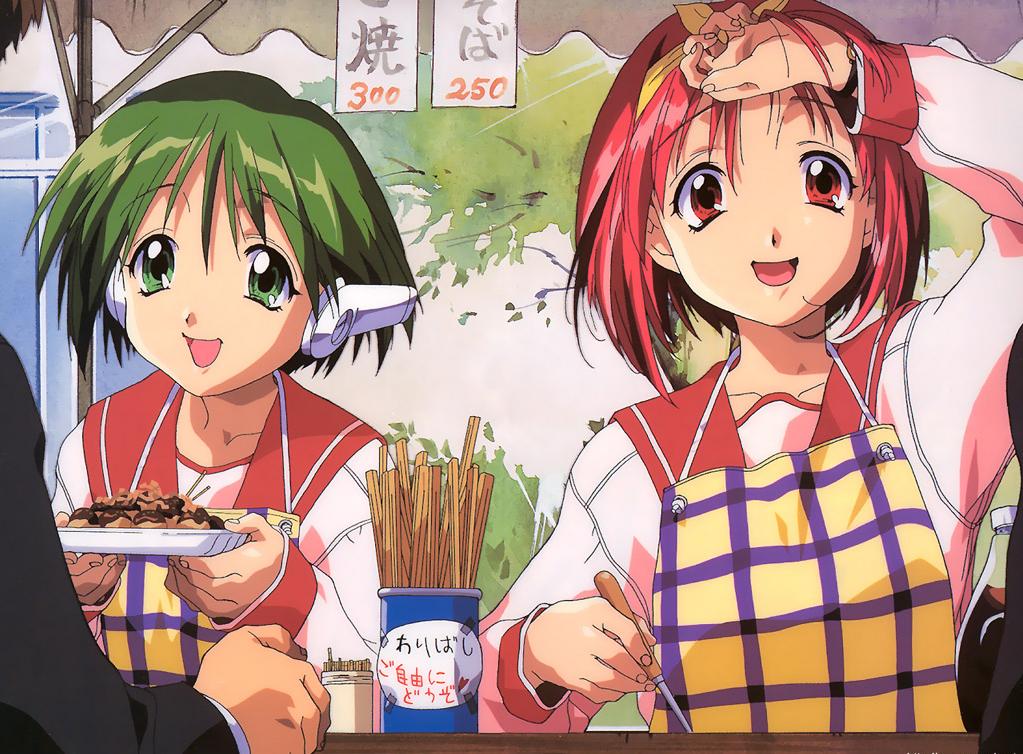 kamigishi akari, multi (to heart), to heart, to heart (series), 2girls, festival, food, green eyes, green hair, hairband, multiple girls, red eyes, red hair, robot ears, school, school uniform, serafuku, short hair