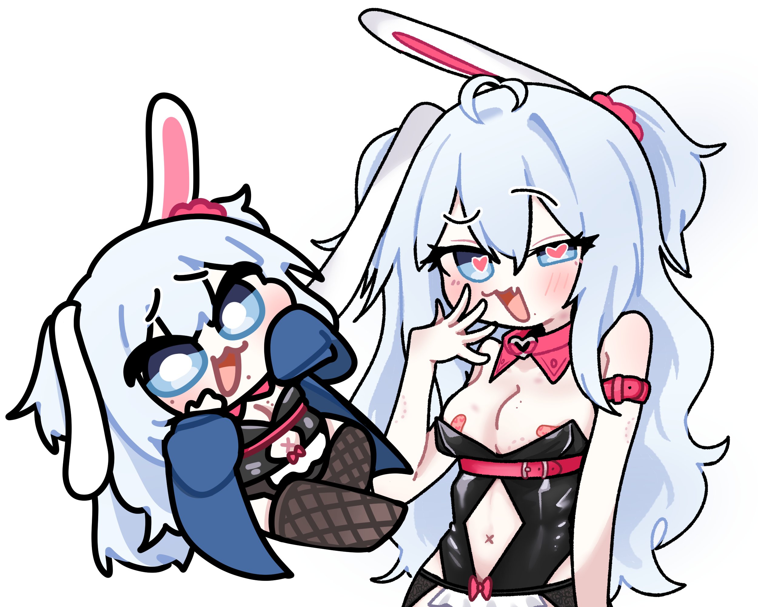 ggeuwek, indie virtual youtuber, highres, 1girl, :3, ahoge, animal ears, areola slip, bandaid, bandaids on nipples, bite mark, black leotard, blue eyes, blush, breasts, chibi, cleavage, clothing cutout, detached collar, dsoon, fang, fishnet thighhighs, fishnets, heart, heart-shaped pupils, leotard, long hair, looking at viewer, navel, navel cutout, open mouth, pasties, playboy bunny, rabbit ears, scrunchie, simple background, smile, strapless, strapless leotard, symbol-shaped pupils, thighhighs, two side up, virtual youtuber, white background, white hair