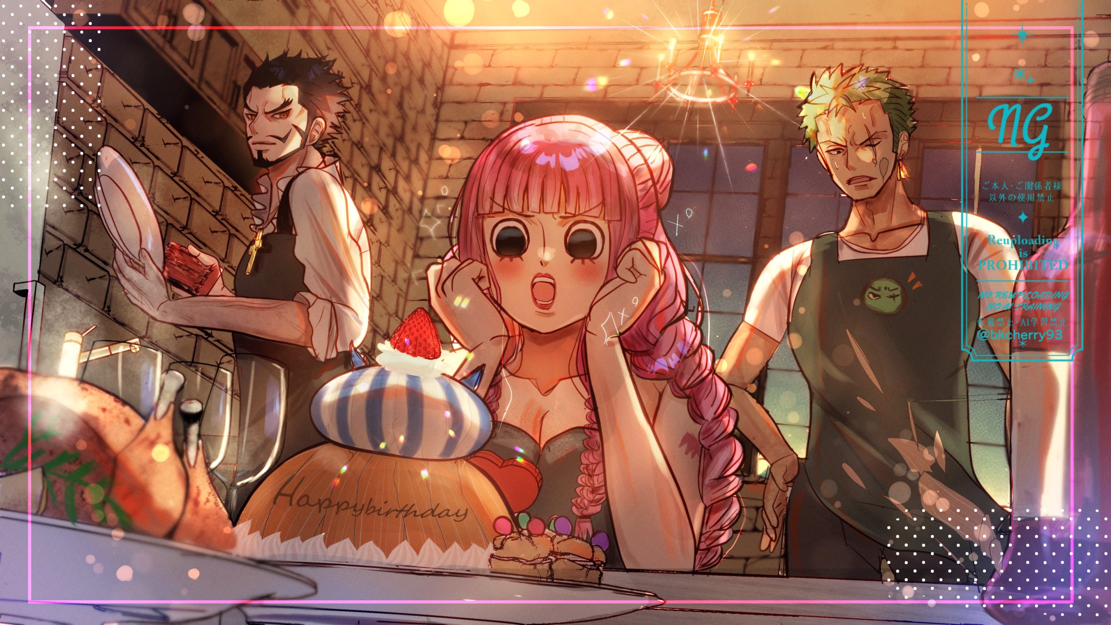 kawo (kawo2525 ), dracule mihawk, perona, roronoa zoro, one piece, commentary request, highres, 1girl, 2boys, apron, arm tattoo, beard, black hair, blunt bangs, cake, dishes, dress, facial hair, food, green hair, half updo, hand on own hip, happy birthday, holding, holding plate, indoors, long hair, lower eyelashes only, multiple boys, mustache, pink hair, plate, tattoo