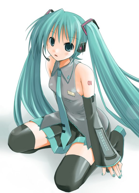 hatsune miku, vocaloid, 1girl, aqua hair, black thighhighs, female focus, long hair, solo, thighhighs, twintails, very long hair, white background