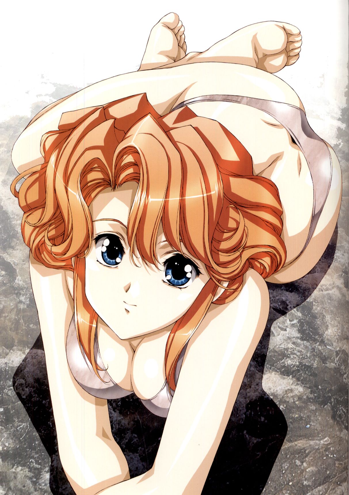 urushihara satoshi, aine (front innocent), front innocent, highres, 00s, 1girl, ass, barefoot, bikini, blue eyes, breasts, butt crack, cleavage, feet, female focus, looking at viewer, lying, medium breasts, on side, on stomach, orange hair, short hair, solo, swimsuit