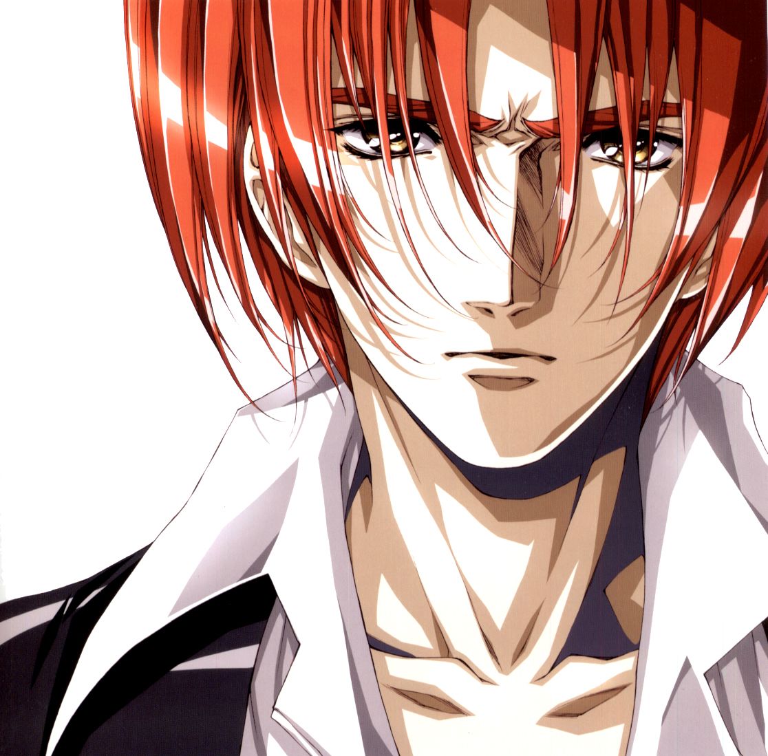 urushihara satoshi, crevaniel, crevanille (growlanser), phi (growlanser), growlanser, growlanser iv, official art, scan, 1boy, angry, bishounen, brown eyes, close-up, collarbone, collared shirt, frown, male focus, parted bangs, portrait, red hair, serious, shirt, simple background, solo, white background, yellow eyes