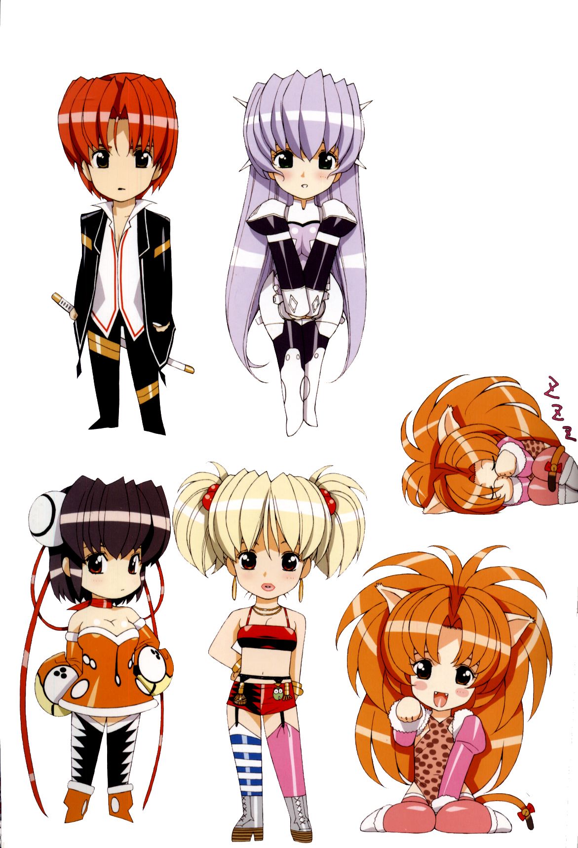 urushihara satoshi, crevaniel, crevanille (growlanser), eliza (growlanser), eliza mayfield, frane, frayne (growlanser), leona (growlanser), phi (growlanser), regina (growlanser), growlanser, growlanser iv, black legwear, cross-laced footwear, light purple hair, pink legwear, striped legwear, highres, official art, scan, 1boy, 4girls, :d, animal ears, animal print, armor, asymmetrical clothes, asymmetrical legwear, bare shoulders, bell, big hair, black hair, blonde hair, blush stickers, bodysuit, boots, bracelet, breasts, brown eyes, bun cover, cat, cat ears, cat tail, chibi, choker, cleavage, closed eyes, crop top, double bun, dress, earrings, everyone, fang, fangs, flat chest, formal clothes, full body, fur trim, garter belt, garter straps, gauntlets, green eyes, grey eyes, hair bobbles, hair bun, hair ornament, hair ribbon, hairpods, hand on own hip, high heel boots, high heels, jewelry, jingle bell, large breasts, leopard print, leotard, lips, lipstick, long hair, lying, makeup, midriff, mismatched legwear, multiple girls, necklace, on side, open mouth, orange hair, parted bangs, paw pose, purple bodysuit, purple hair, red eyes, red hair, ribbon, sheath, sheathed, shiny clothes, shirt, short dress, short hair, short shorts, short twintails, shorts, simple background, sitting, sleeping, smile, standing, strapless, strapless dress, striped clothes, striped thighhighs, suit, sword, tail, tail bell, tail ornament, tail ribbon, thighhighs, twintails, uneven legwear, v arms, very long hair, wariza, weapon, zettai ryouiki, zzz