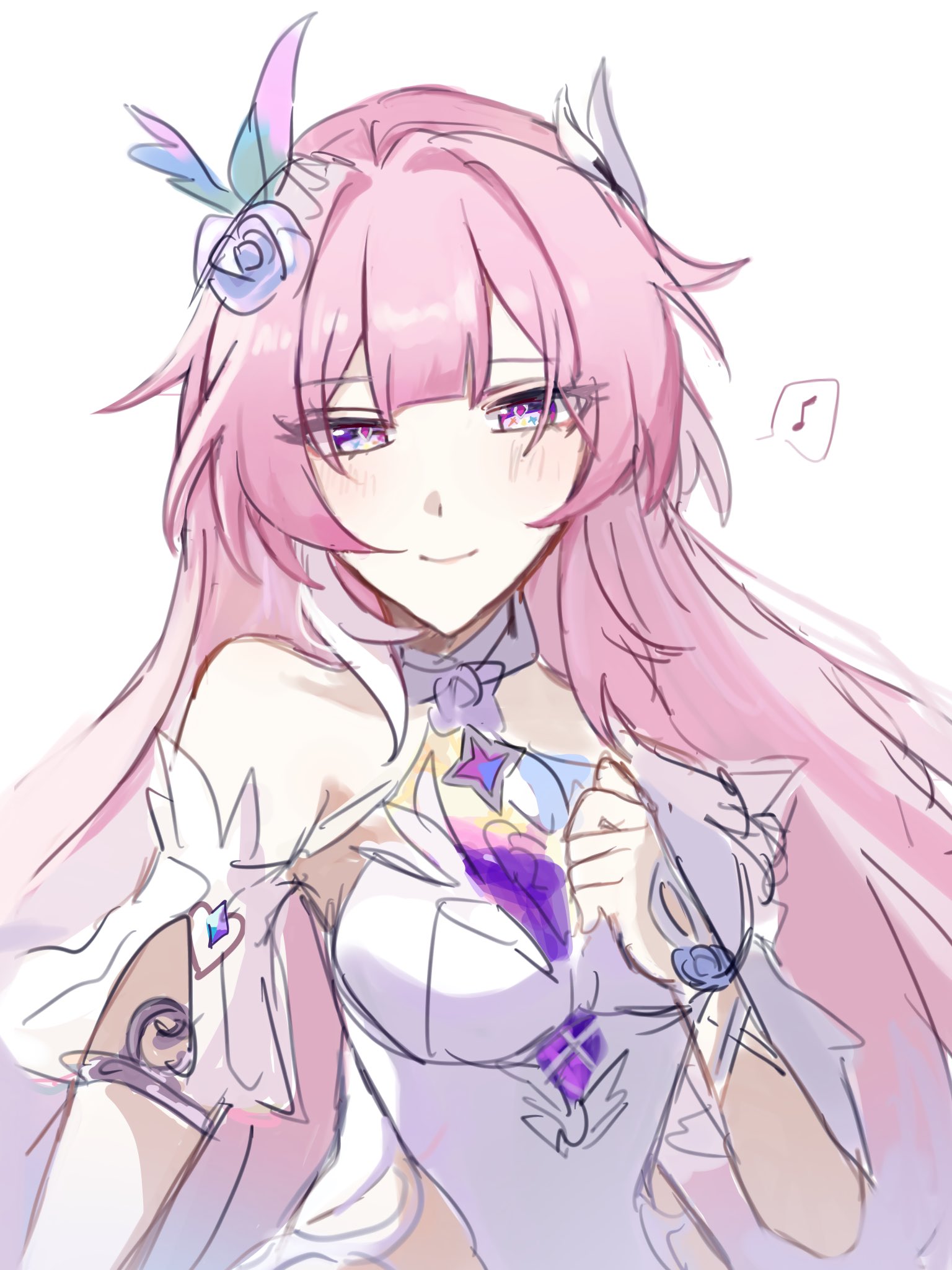 cyrene (honkai: star rail), honkai: star rail, honkai (series), commentary request, highres, 1girl, bare shoulders, breasts, cyrene (ripples of past reverie) (honkai: star rail), diamond-shaped pupils, diamond (shape), dress, flower, hair flower, hair ornament, large breasts, long hair, looking at viewer, m1 133, multicolored hair, musical note, pink hair, purple eyes, simple background, smile, solo, spoken musical note, symbol-shaped pupils, two-tone hair, very long hair, white background, white dress, white hair