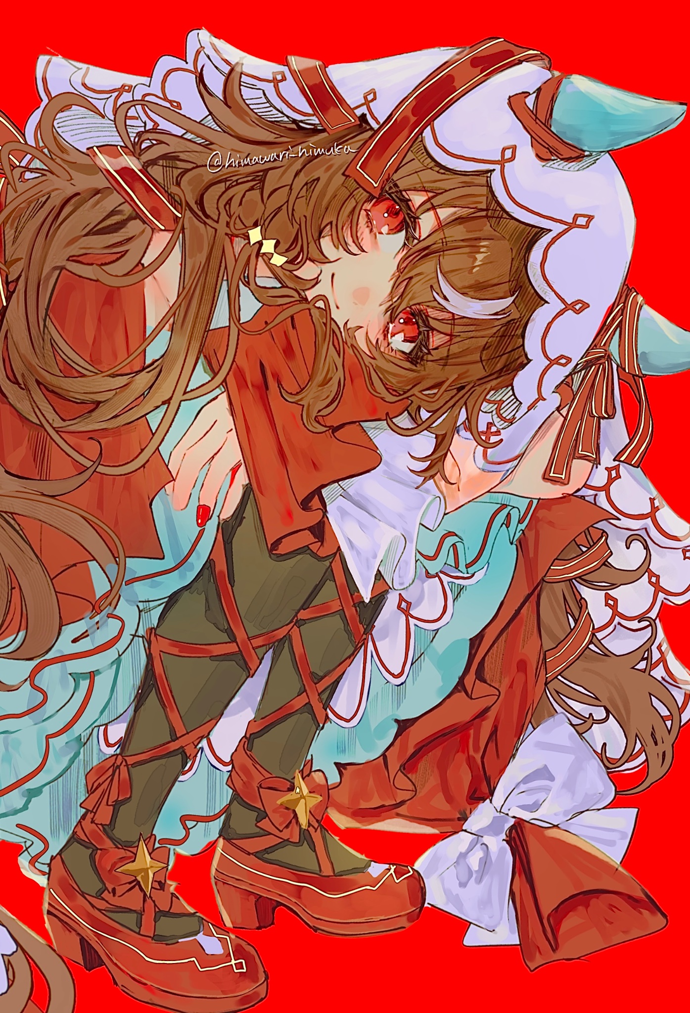 himawari himuka, still in love (umamusume), umamusume, commentary, highres, 1girl, animal ears, brown hair, head rest, horse ears, horse girl, long hair, looking at viewer, red background, red eyes, red nails, red shoes, shoes, simple background, smile, solo, squatting, twitter username, veil, white veil