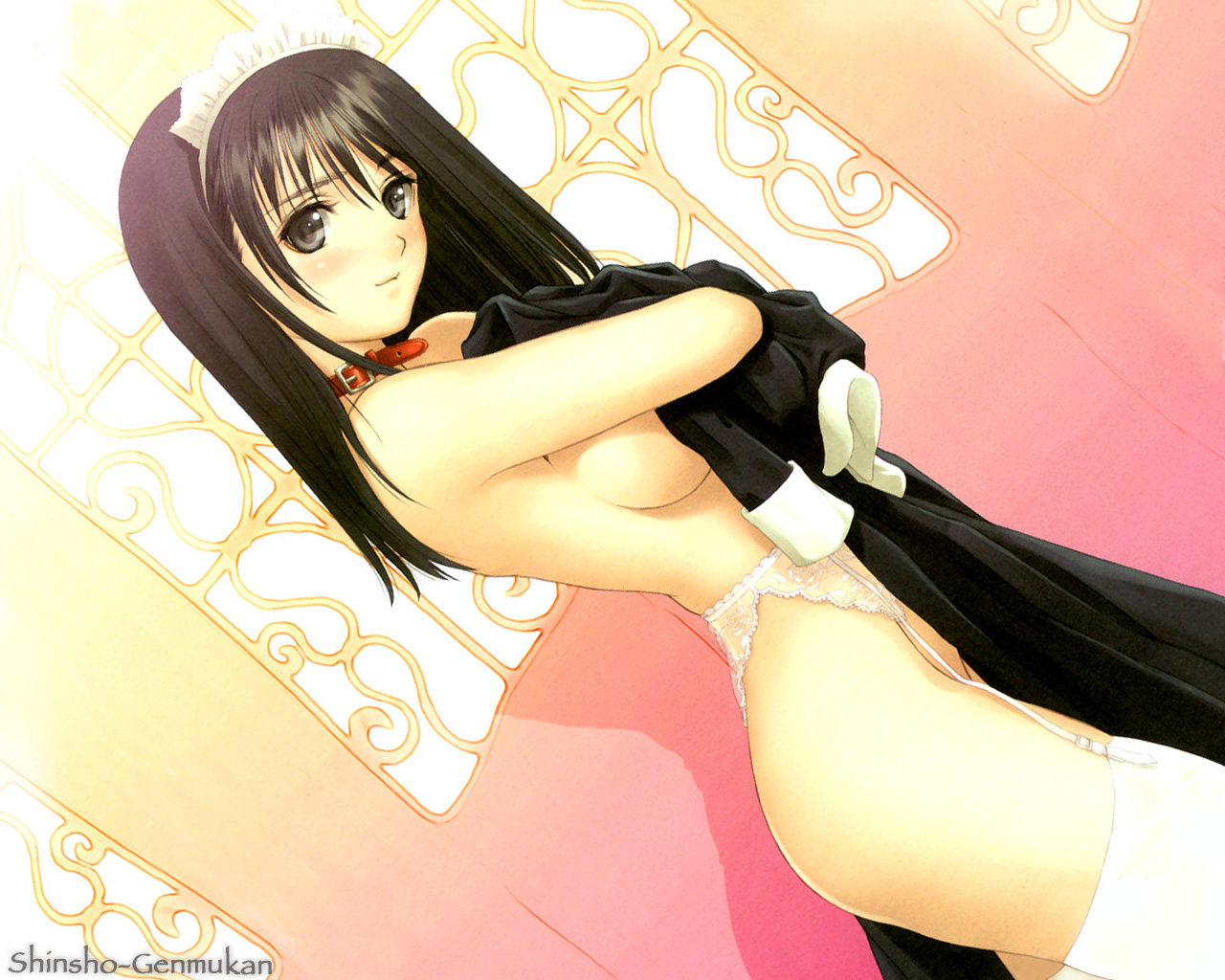 tanaka takayuki, watase nozomi, genmukan, wallpaper, breasts, collar, garter belt, lingerie, maid, sideboob, thighhighs, underwear, undressing