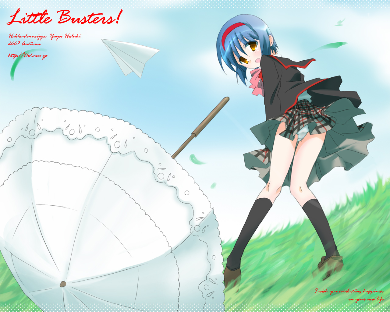 hizuki yayoi, nishizono mio, little busters!, panties, paper airplane, school uniform, serafuku, solo, umbrella, underwear, wind, wind lift