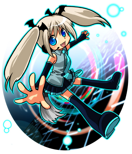 mgk968, hatsune miku, noumi kudryavka, little busters!, vocaloid, silver hair, black thighhighs, blue eyes, boots, cosplay, detached sleeves, fang, foreshortening, hatsune miku (cosplay), long hair, solo, tail, thigh boots, thighhighs, twintails, white background