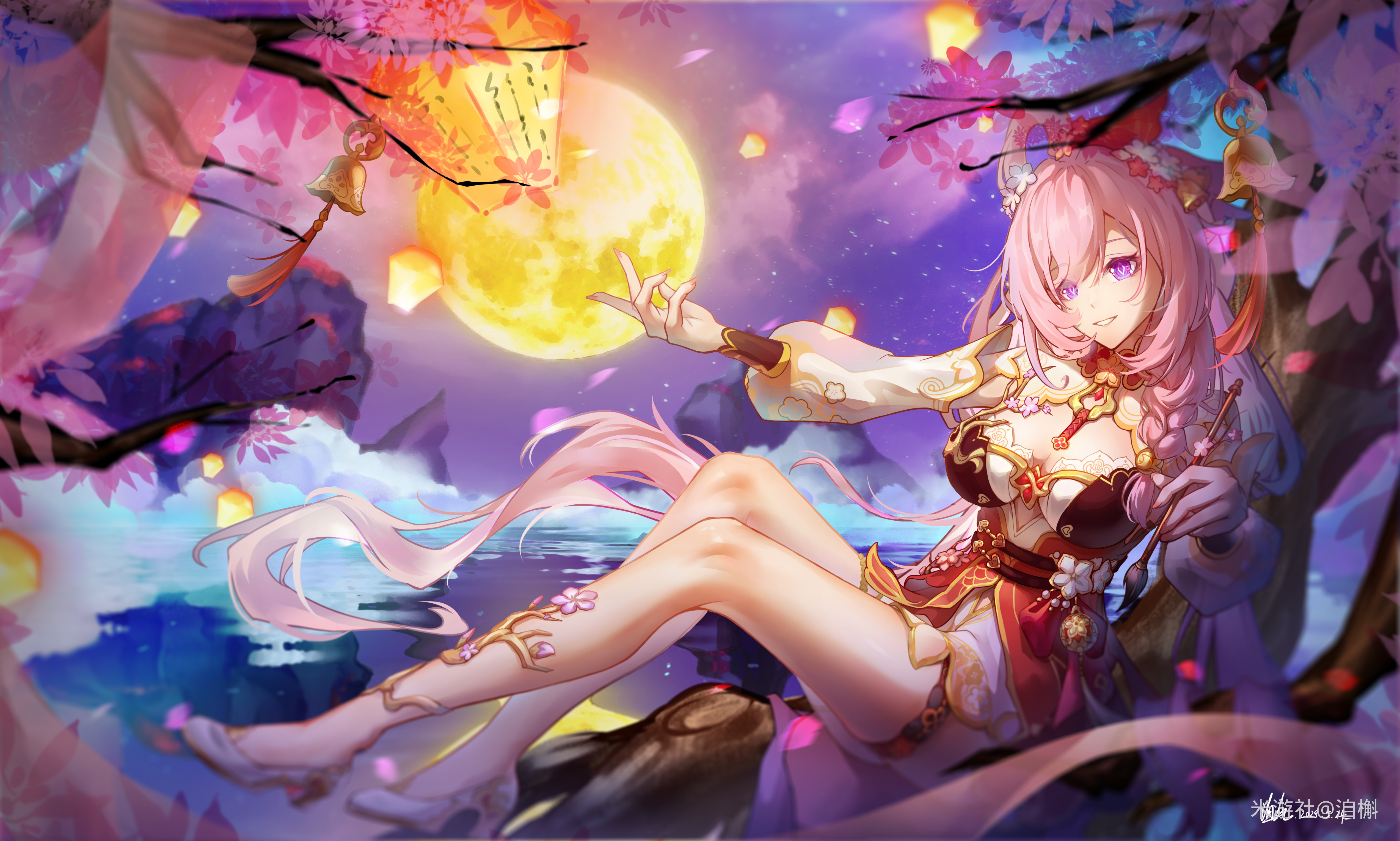 elysia (herrscher of human: ego) (honkai impact), elysia (honkai impact), elysia (peachy spring) (honkai impact), honkai (series), honkai impact 3rd, absurdres, chinese commentary, commentary request, highres, 1girl, bell, breasts, cleavage, diamond-shaped pupils, diamond (shape), dress, falling petals, flower, full moon, hair bell, hair flower, hair ornament, high heels, holding, holding paintbrush, ji hu, lake, large breasts, long hair, moon, night, night sky, official alternate costume, paintbrush, petals, pink hair, purple eyes, red dress, sitting on branch, sky, smile, solo, symbol-shaped pupils, thigh strap, thighs, very long hair