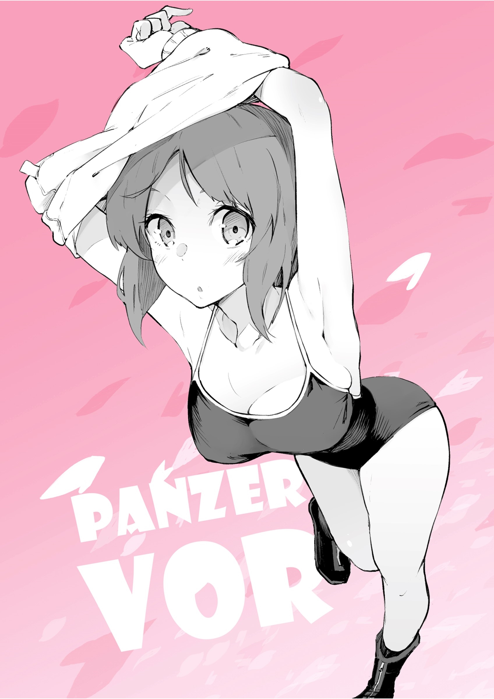 muteki soda, nishizumi miho, girls und panzer, 1girl, armpits, blush, breasts, cleavage, collarbone, large breasts, looking at viewer, open mouth, partially colored, pink background, short hair, simple background, solo, swimsuit