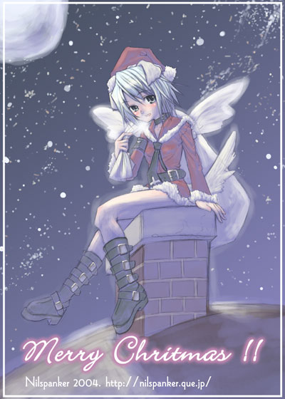 kuroya kei, original, 1girl, black boots, boots, chimney, christmas, english text, female focus, santa costume, snow, snowing, solo, wings