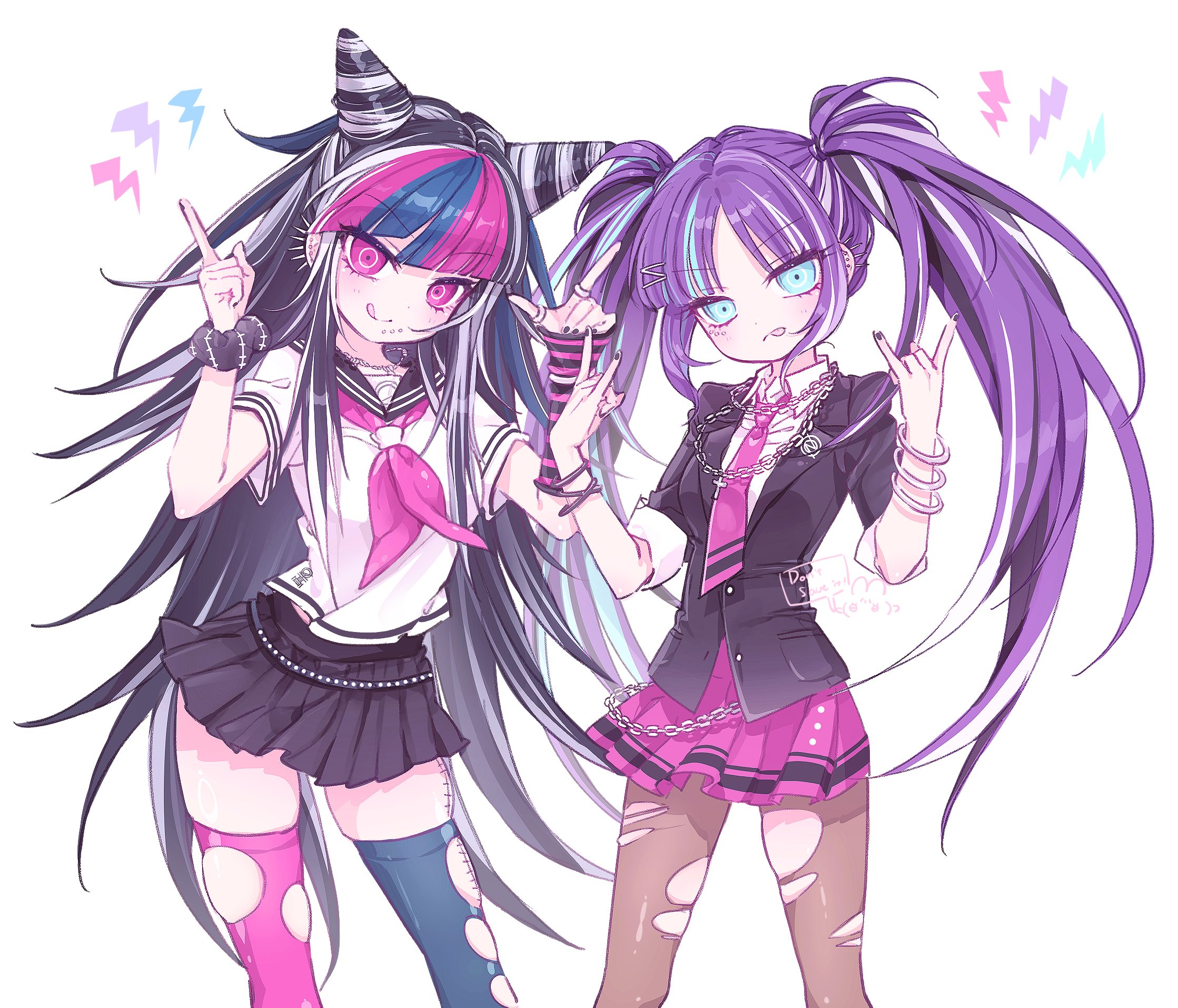 mipi (u3u 00), mioda ibuki, danganronpa (series), danganronpa 2: goodbye despair, original, commentary, highres, symbol-only commentary, 2girls, m/, arm warmers, asymmetrical legwear, black hair, black jacket, black sailor collar, black skirt, blazer, blue eyes, blue hair, bracelet, chain, chain necklace, cone hair bun, cowboy shot, double bun, ear piercing, hair bun, hair ornament, hands up, jacket, jewelry, lapels, lightning bolt symbol, long hair, looking at viewer, miniskirt, mismatched legwear, mismatched thighhighs, multicolored hair, multiple girls, nail polish, neckerchief, necklace, necktie, pantyhose, piercing, pink eyes, pink hair, pink neckerchief, pink necktie, pink skirt, pleated skirt, sailor collar, school uniform, scrunchie, serafuku, shirt, short sleeves, simple background, single arm warmer, skirt, smile, streaked hair, striped arm warmers, thighhighs, tongue, tongue out, torn clothes, torn pantyhose, torn thighhighs, twintails, very long hair, white background, white hair, white shirt, wrist scrunchie, x hair ornament