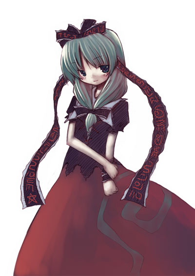 kuroya kei, kagiyama hina, touhou, 1girl, aqua hair, blue eyes, female focus, front ponytail, hair ribbon, holding own arm, long hair, ribbon, simple background, smile, solo, white background, wrist ribbon
