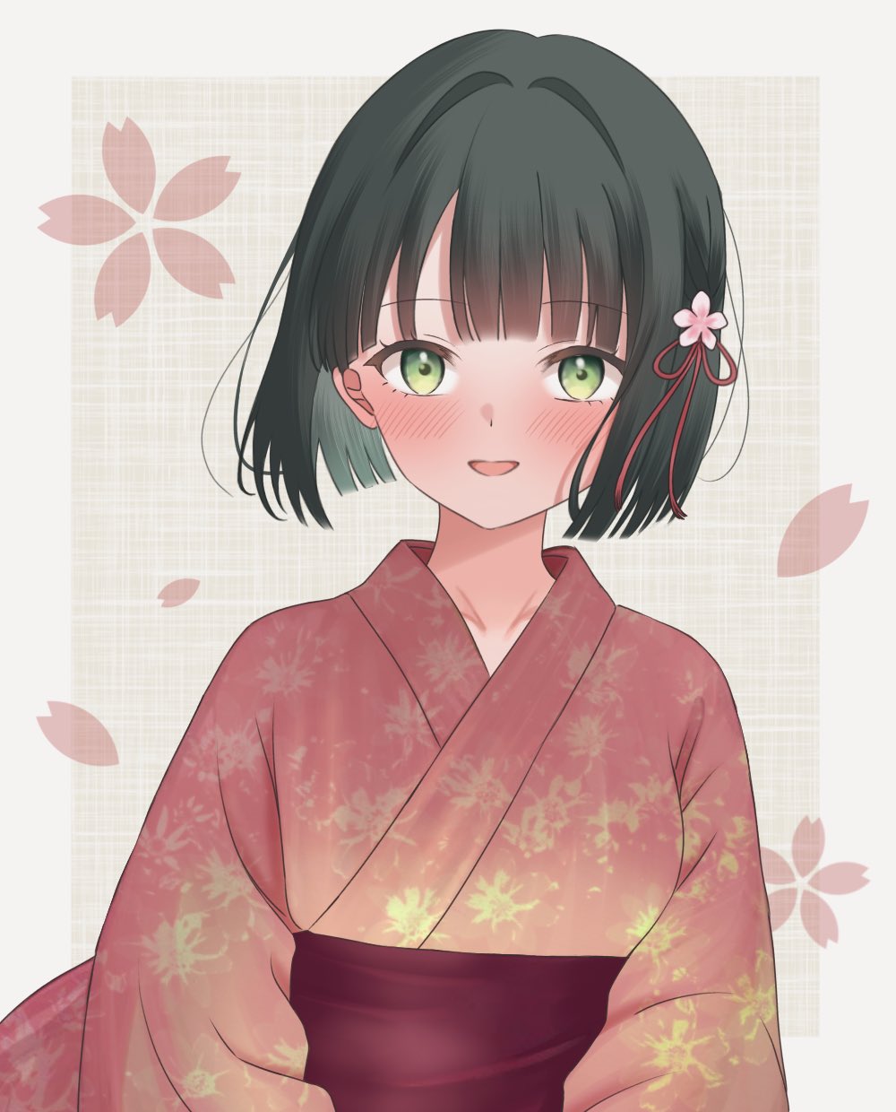 kosaki 03, momose ginko, link! like! love live!, love live!, commentary, hashtag-only commentary, highres, 1girl, :d, black hair, blunt bangs, blush, bob cut, border, flower, green eyes, grey background, hair flower, hair ornament, hair ribbon, japanese clothes, kimono, long sleeves, looking at viewer, obi, open mouth, orange kimono, outside border, pink flower, red ribbon, red sash, ribbon, sash, short hair, smile, solo, upper body, virtual youtuber, white border, yukata