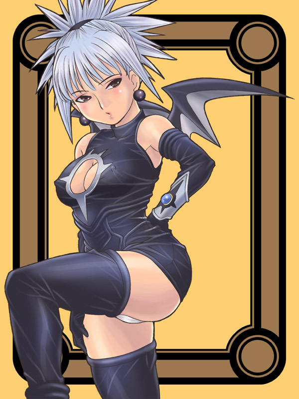 senbata-roh, komori aimi, shadow lady (character), shadow lady, silver hair, 1girl, bat wings, black thighhighs, breasts, brown eyes, cleavage, cleavage cutout, clothing cutout, covered erect nipples, earrings, elbow gloves, female focus, gloves, halterneck, jewelry, leg lift, medium breasts, panties, solo, thighhighs, turtleneck, underwear, wings
