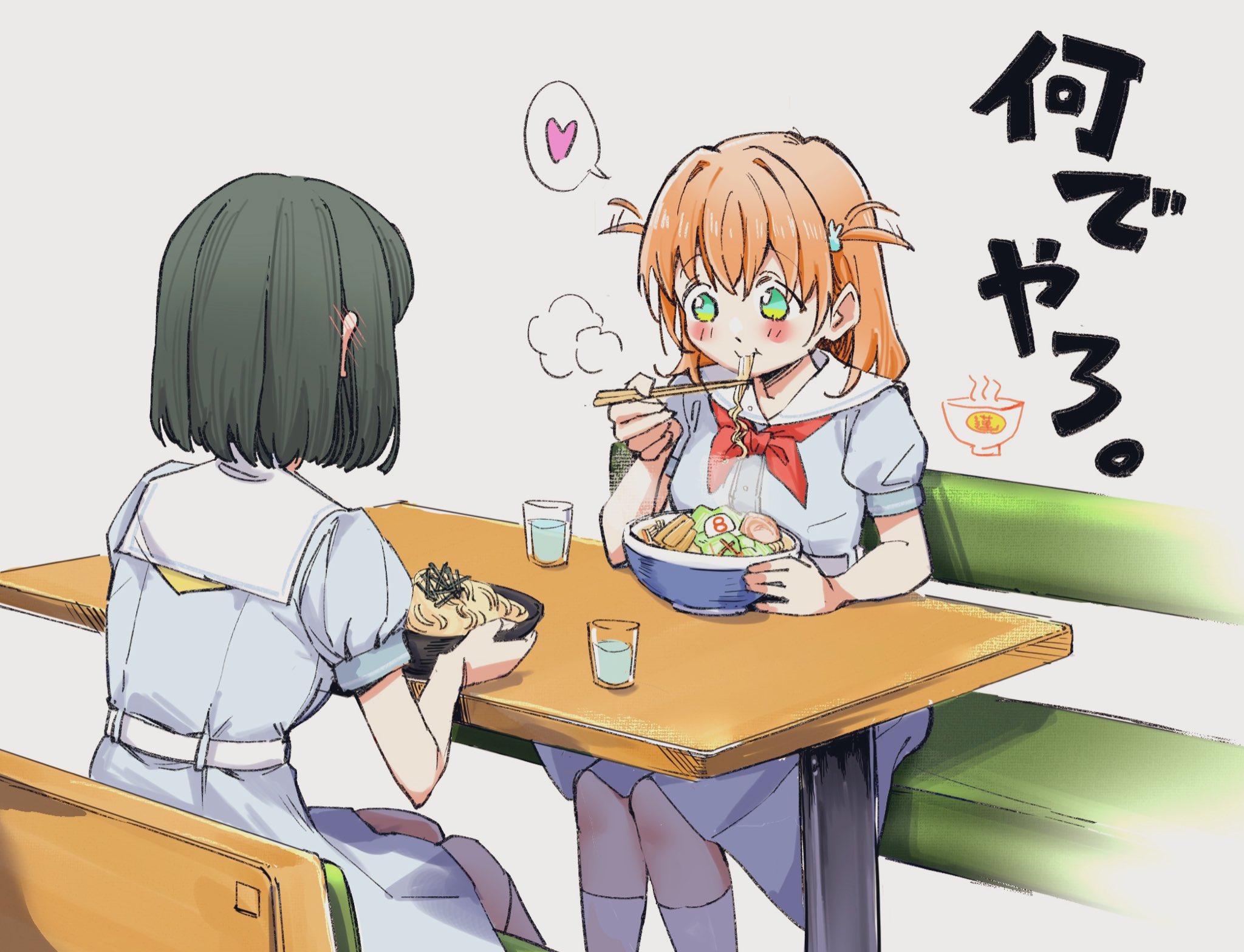 sansensui, hinoshita kaho, momose ginko, link! like! love live!, love live!, commentary request, highres, translation request, 2girls, black hair, blue dress, blunt ends, blush, bob cut, bowl, chopsticks, cup, dress, drinking glass, ear blush, eating, expressive hair, feet out of frame, food, green eyes, hachiban ramen, hasu no sora school uniform, heart, holding, holding chopsticks, holding with chopsticks, kneehighs, looking at food, medium dress, medium hair, multiple girls, neckerchief, noodles, orange hair, pleated dress, puffy short sleeves, puffy sleeves, ramen, red neckerchief, sailor collar, sailor dress, school uniform, short sleeves, sitting, socks, spoken heart, steam, summer uniform, table, two side up, virtual youtuber, water, white sailor collar, white socks, yellow neckerchief