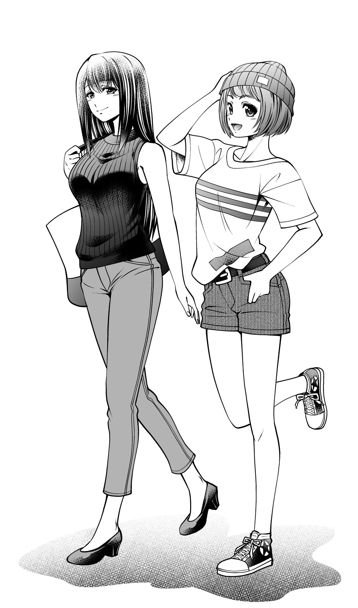eibon, kurushima kaede, nakase katsumi, science adventure, steins;gate, steins;gate 0, highres, 2girls, bag, beanie, belt, black belt, black shoes, black sweater, blush, casual, greyscale, hand in own hair, hand on own leg, hat, high heels, holding, holding bag, long hair, monochrome, multiple girls, open mouth, pants, ribbed sweater, shirt, shoes, short hair, short shorts, shorts, sleeveless, sleeveless turtleneck, smile, sneakers, standing, standing on one leg, striped clothes, striped shirt, summer, sweater, tomboy, tongue, turtleneck, white shirt