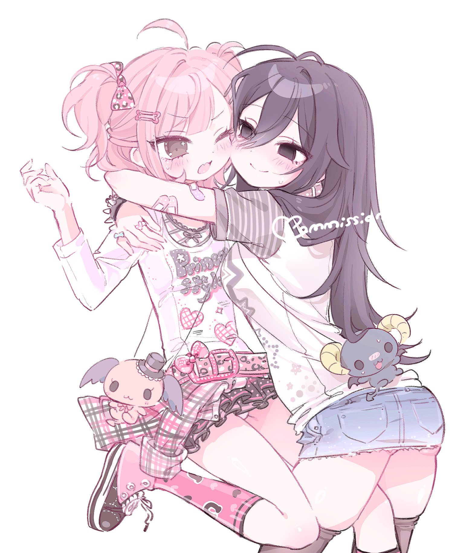 mipi (u3u 00), fuwa fuwa cinnamoroll, original, sanrio, commission, highres, 2girls, ahoge, animal print, bag, bandaid, bandaid on arm, belt, berry (sanrio), black eyes, black hair, black skirt, black thighhighs, blue skirt, blush, bone hair ornament, bow, brown eyes, cherry (sanrio), clothes writing, cowboy shot, denim, denim skirt, double bun, empty eyes, hair between eyes, hair bow, hair bun, hair ornament, hairclip, lloromannic, long hair, long sleeves, looking at another, microskirt, multiple girls, one eye closed, panties, pantyshot, pink belt, pink hair, pink shirt, pleated skirt, print shirt, shirt, short hair, short sleeves, shoulder bag, simple background, skindentation, skirt, smile, striped sleeves, thighhighs, tiger print, underwear, white background, white shirt