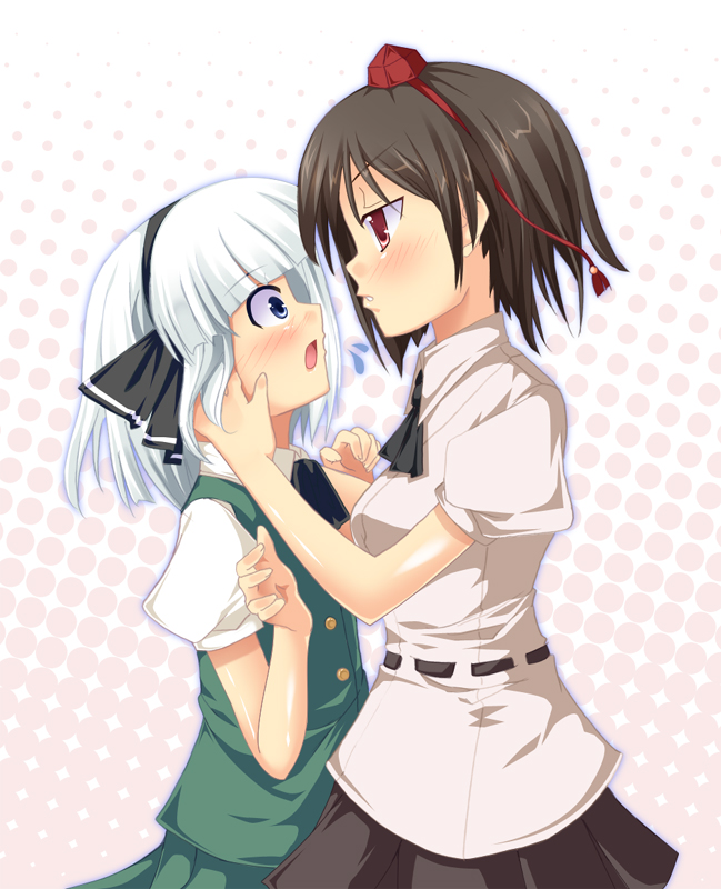 kirise mitsuru, konpaku youmu, shameimaru aya, touhou, 2girls, arms around neck, black hair, blue eyes, blush, bow, bowtie, embarrassed, eye contact, face-to-face, female focus, hairband, hand on another's face, hat, hug, imminent kiss, looking at another, multiple girls, open mouth, red eyes, ribbon, scared, serious, short hair, shy, skirt, surprised, sweatdrop, tokin hat, white hair, yuri