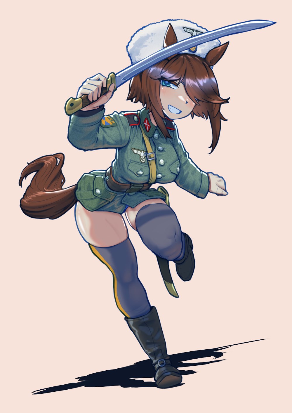 erica (naze1940), original, umamusume, commentary, english commentary, highres, 1girl, animal ears, belt, black boots, blue eyes, blush, boots, breast pocket, brown background, brown belt, brown hair, collar tabs, full body, green jacket, grey thighhighs, grin, hair over one eye, hat, holding, holding sword, holding weapon, horse ears, horse girl, horse tail, jacket, long sleeves, looking at viewer, no pants, pocket, shadow, shoulder boards, shoulder pouch, simple background, smile, solo, sword, tail, thighhighs, weapon, wehrmacht, white hat, world war ii