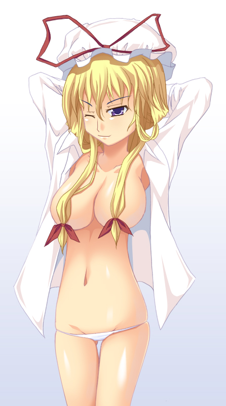 kirise mitsuru, yakumo yukari, touhou, 1girl, arms up, blonde hair, breasts, censored, convenient censoring, female focus, gradient background, hair censor, hair over breasts, hair ribbon, hat, huge breasts, navel, one eye closed, open clothes, open shirt, panties, panty pull, ribbon, shirt, solo, thigh gap, thighs, underwear, white background, white panties, white shirt, wink