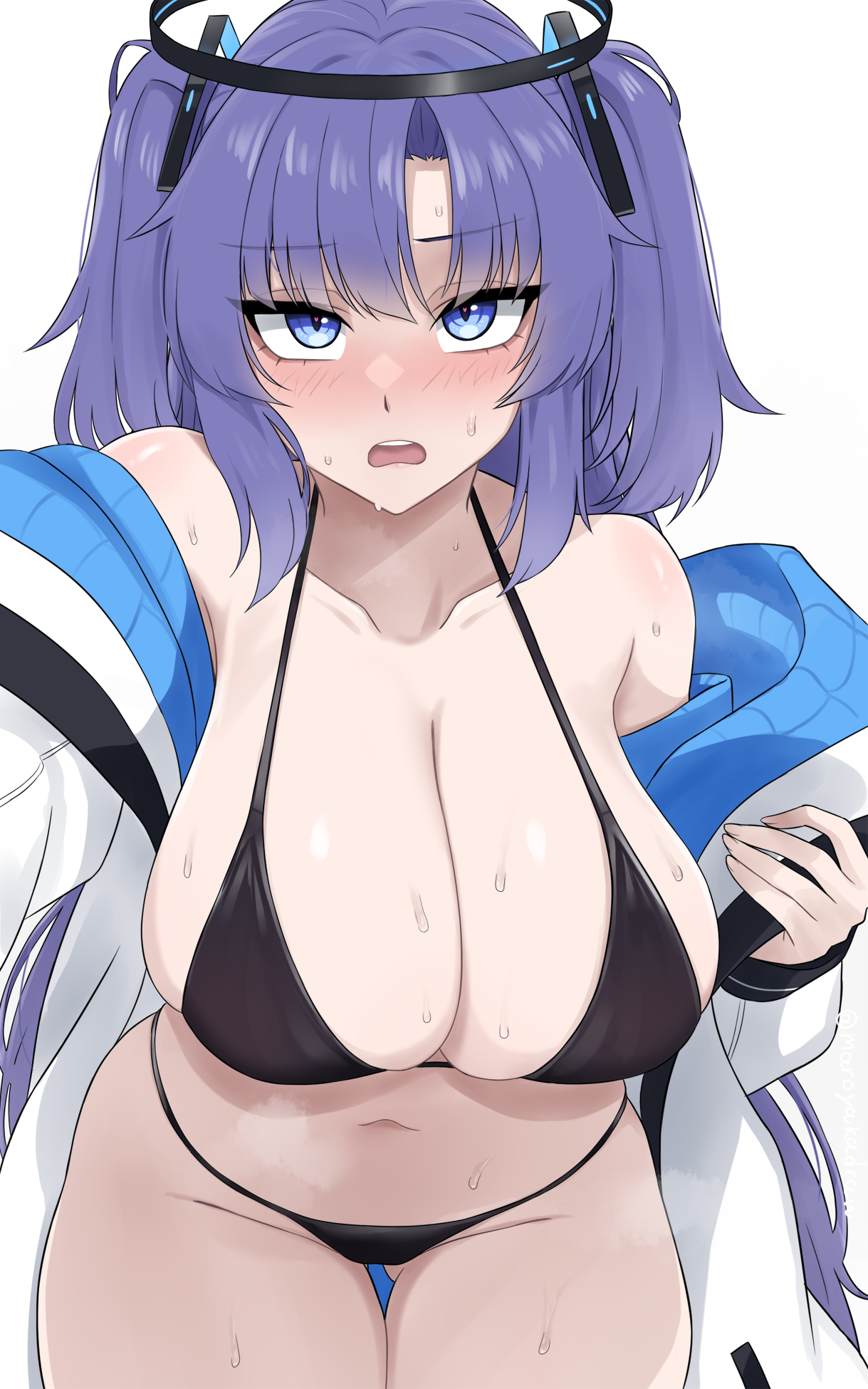 ibuki grunt, yuuka (blue archive), blue archive, highres, 1girl, bikini, black bikini, black halo, breasts, collarbone, hair ornament, halo, jacket, jacket partially removed, large breasts, mechanical halo, purple hair, simple background, solo, swimsuit, triangle hair ornament, white background