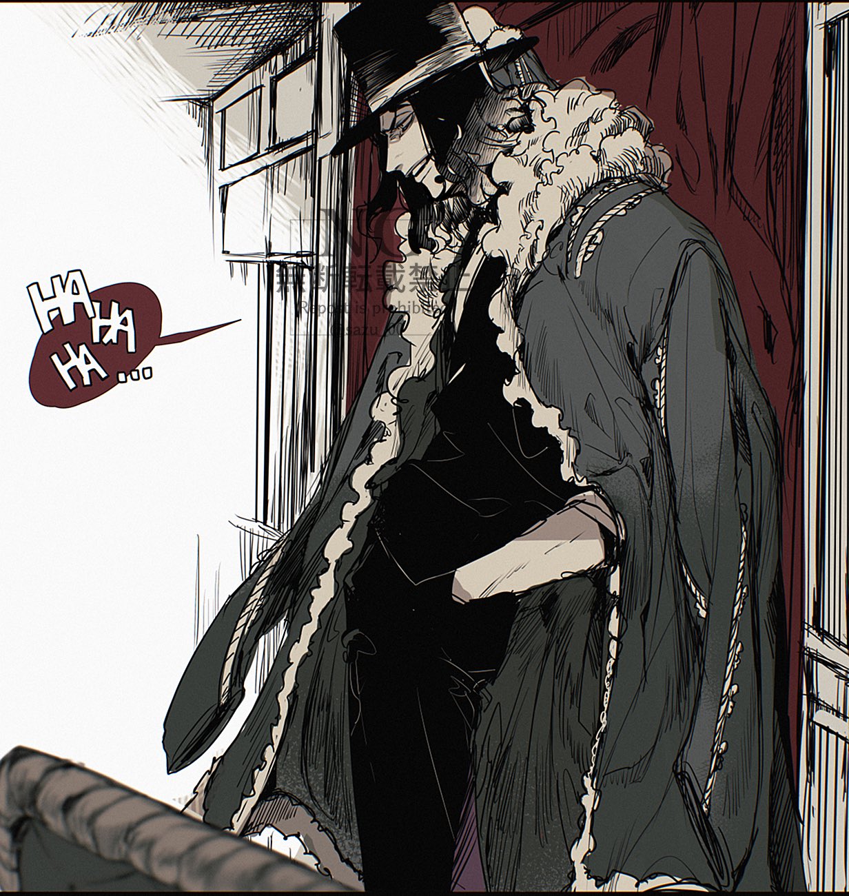 sazu 00, hattori (one piece), rob lucci, one piece, commentary, highres, symbol-only commentary, 1boy, animal, animal on shoulder, bird, bird on shoulder, coat, coat on shoulders, cowboy shot, evil smile, facial hair, fur-trimmed coat, fur trim, goatee, hand in pocket, hat, looking ahead, male focus, smile
