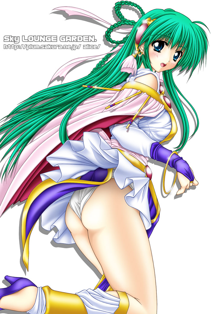 tomoya kankurou, swatty, can can bunny, can can bunny extra, 1990s (style), 1girl, blue eyes, braid, female focus, green hair, high heels, retro artstyle, shoes, simple background, solo, watermark, web address, white background
