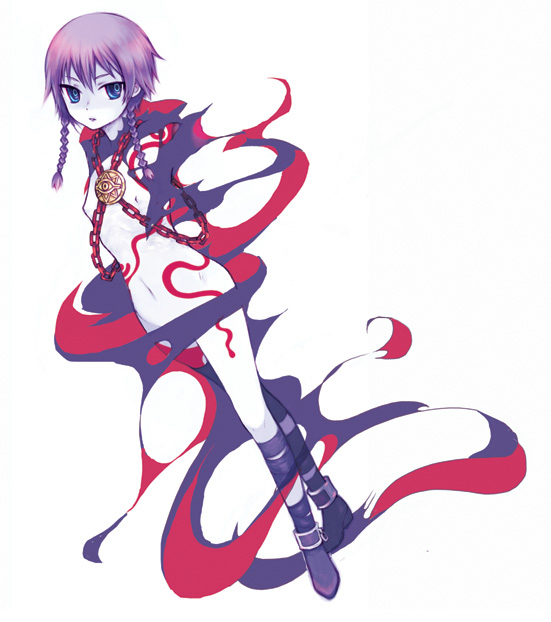 ruiko (sad), ruko (artist), curse maker, curse maker 2, atlus, etrian odyssey, 1girl, anklet, black thighhighs, blue eyes, braid, chain, colored skin, convenient censoring, dutch angle, female focus, flat chest, full body, grey skin, jewelry, long hair, looking at viewer, navel, nipples, nude, simple background, single thighhigh, solo, standing, stomach, thighhighs, tsurime, twin braids, white background