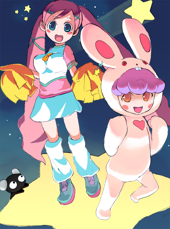 sasaki toshiyuki, akai maho, watabiki merry, doki doki majo shinpan, 2girls, :d, animal costume, blue eyes, full body, gem, jewelry, leg warmers, long hair, multiple girls, necklace, open mouth, pendant, pink hair, purple hair, rabbit costume, red eyes, short hair, skirt, smile, star (symbol), very long hair, white skirt