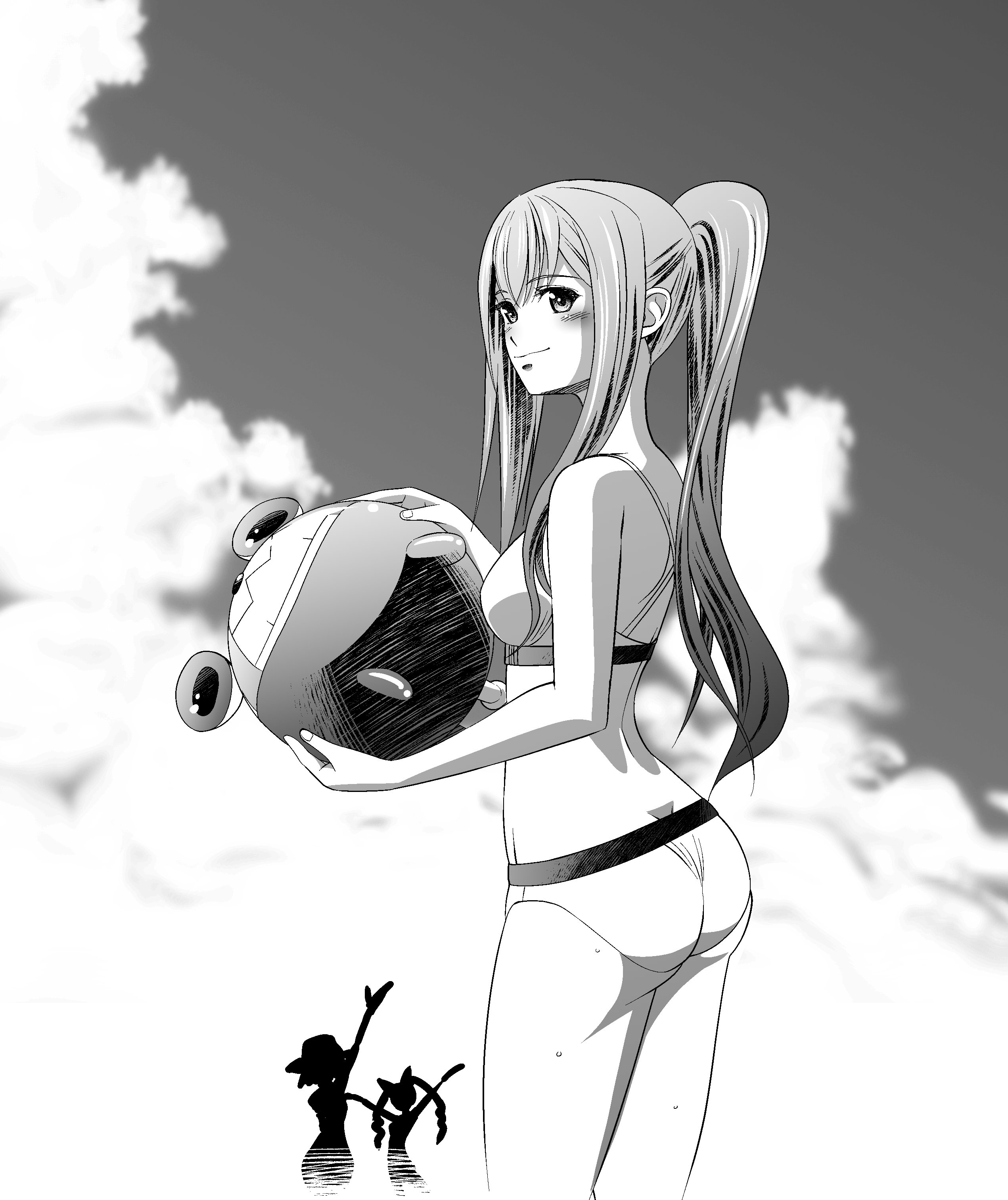 eibon, akiha rumiho, makise kurisu, shiina mayuri, upa (steins;gate), science adventure, steins;gate, absurdres, highres, 1girl, 3girls, ass, ball, balloon, beachball, bikini, breasts, day, from side, greyscale, high ponytail, holding, holding balloon, long hair, long sidelocks, looking at viewer, looking back, monochrome, multiple girls, outdoors, ponytail, sidelocks, silhouette, small breasts, smile, swimsuit