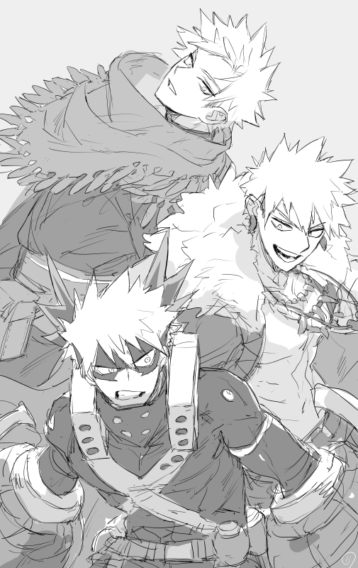 11mtri, bakugou katsuki, boku no hero academia, commentary request, 3boys, bare pectorals, belt, cape, clenched teeth, earrings, explosive, fur-trimmed cape, fur trim, grenade, greyscale, jewelry, linea alba, long sleeves, looking to the side, male focus, mask, monochrome, multiple boys, multiple persona, necklace, official alternate costume, open mouth, pectorals, piercing, pouch, scarf, sketch, smile, superhero costume, teeth, uneven eyes