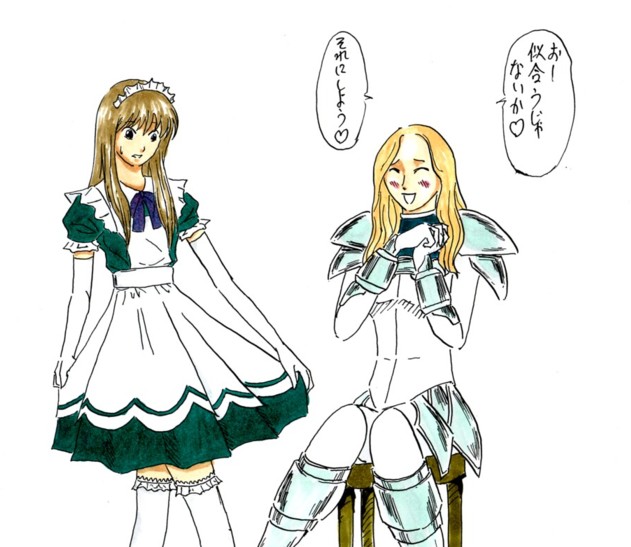clare (claymore), teresa, claymore (series), translation request, 00s, 2girls, :d, ^ ^, apron, black dress, blonde hair, brown hair, closed eyes, dress, frills, maid, maid apron, maid headdress, multiple girls, open mouth, puffy short sleeves, puffy sleeves, short sleeves, simple background, sitting, smile, standing, text focus, white background
