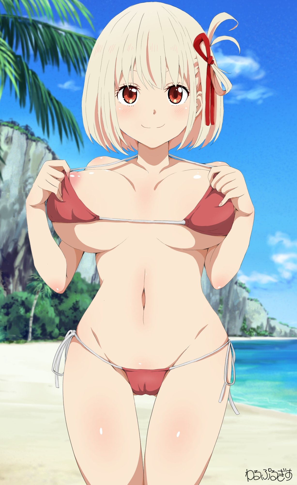 ankake pasta, nishikigi chisato, lycoris recoil, highres, 1girl, artist name, beach, bikini, blonde hair, breasts, cameltoe, collarbone, female focus, large breasts, looking at viewer, navel, nipple slip, nipples, ocean, red bikini, red eyes, sand, short hair, side-tie bikini bottom, smile, solo, swimsuit, wide hips