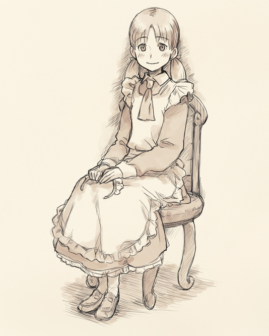 minato fumi, original, 1girl, apron, chair, female focus, maid, maid apron, maid headdress, monochrome, on chair, sitting, smile, solo, twintails, unworn headwear
