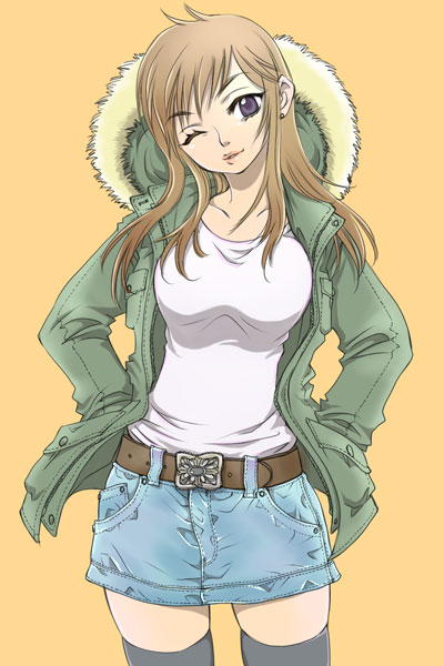 sabusuka, original, fur, 1girl, belt, black thighhighs, brown hair, coat, denim, denim skirt, female focus, hands in pockets, head tilt, hood, lipstick, long hair, makeup, miniskirt, one eye closed, pencil skirt, purple eyes, simple background, skirt, smile, solo, standing, thighhighs, wink, zettai ryouiki