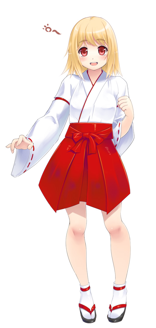 amasa mitsunaru, original, white legwear, 1girl, adapted uniform, blonde hair, female focus, full body, hakama, hakama skirt, japanese clothes, miko, red eyes, red hakama, simple background, skirt, solo, tabi, white background