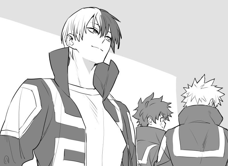 11mtri, bakugou katsuki, midoriya izuku, todoroki shoto, boku no hero academia, 3boys, closed mouth, collared jacket, crew neck, double-parted bangs, freckles, greyscale, hair between eyes, heterochromia, jacket, looking to the side, male focus, monochrome, multicolored hair, multiple boys, open clothes, open jacket, popped collar, shirt, smile, spiked hair, split-color hair, upper body