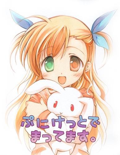 chibitan, vivio, lyrical nanoha, mahou shoujo lyrical nanoha, mahou shoujo lyrical nanoha strikers, lowres, 00s, 1girl, :d, blonde hair, blush, female focus, green eyes, heterochromia, looking at viewer, open mouth, red eyes, simple background, smile, solo, stuffed animal, stuffed rabbit, stuffed toy, text focus, two side up, white background